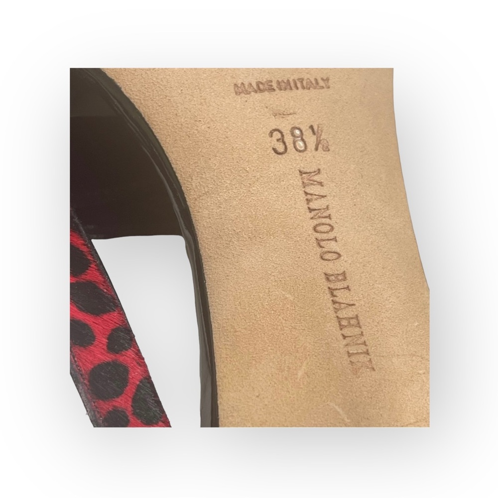 Manolo Blahnik โ Animal Printed Calf Hair Slingback Stiletto Sandals โ Black Red - Picture 15 of 17
